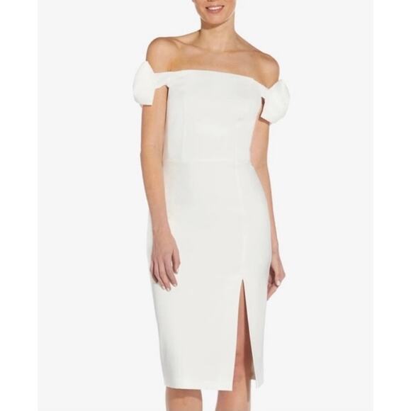 NEW NWT Aidan Mattox Off The Shoulder Bow Sheath Dress White size 2 - Picture 1 of 7